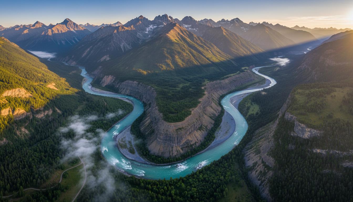 A river winding through a forested mountain landscape